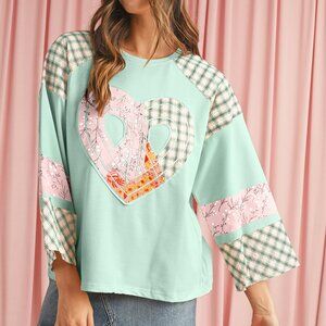 B216  Aqua Plaid Floral Patchwork Heart Long Sleeve Top